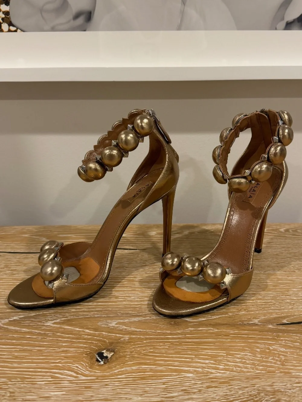 Alaia Sandals Metallic Bronze Leather Bombe Ankle Strap Size 38